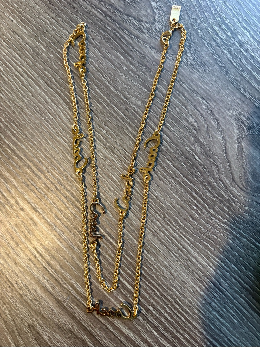 COACH Gold Tone Cursive Script Logo Multi Station Layered Long Chain Necklace